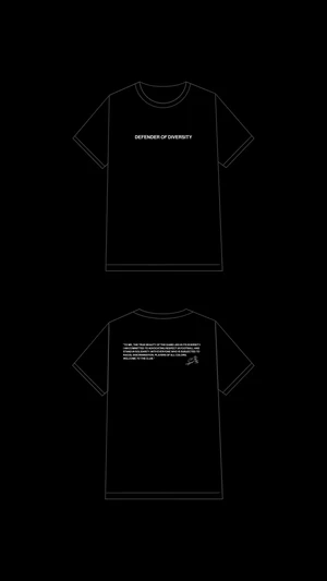 Front and back flat outline sketch of a black crewneck t-shirt with white typographic Defender of Diversity graphics.