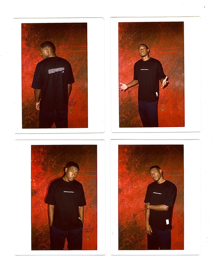 Four polaroid frames showing a black man wearing a black t-shirt against a textured red background for DarwinFC x David Alaba