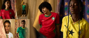 Models showcase Puma African national football team jerseys in red, green, and yellow against warm draped fabric backdrops.
