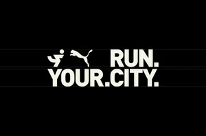 White graphic typography reading Run Your City with the Puma leaping cat logo and running figure icon against a solid black background.