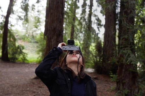 Woman photographs in forest with vintage camera. Adult female looking upward with film camera in wooded natural environment.