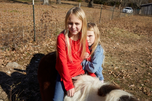 Two young girls with long blonde hair are standing outside, next to a pony, with a grassy field and trees in the background on a sunny day.