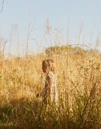 A young child in a patterned dress walks through a field of tall, golden grasses under a clear blue sky, framed by stalks of wheat.