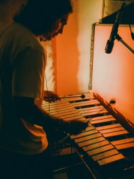 A man wearing a white t-shirt playing a vibraphone in a warmly lit room, captured in a profile view by photographer Dustin Aksland.