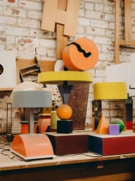 Collection of colorful geometric sculptures and lamps arranged on a wooden workbench against a white brick wall