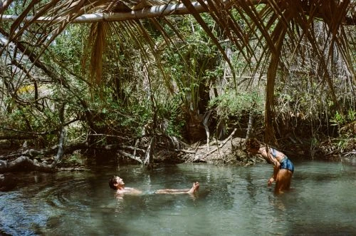 Two people in a natural pool surrounded by lush greenery and palm fronds, one person lying back in the water and the other standing.