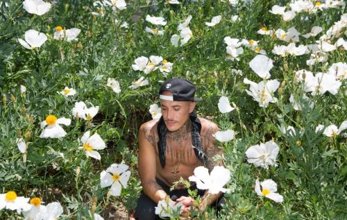 Adult male with tattoos and a baseball cap squats in a field of white flowers with green foliage, looking down in outdoor setting.