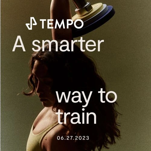 Athletic woman in tank top holds dumbbell overhead in olive-toned fitness ad. Tempo logo and promotional text promote smart training.