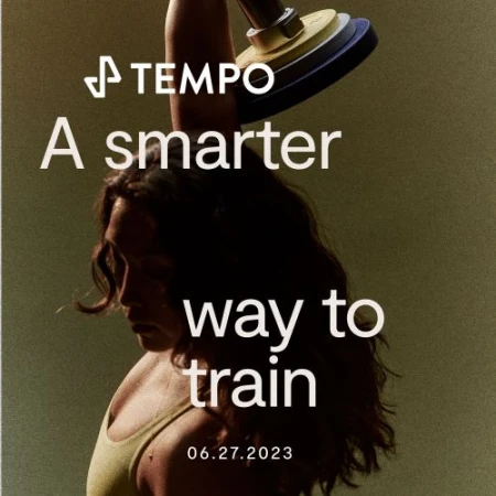 Athletic woman in tank top holds dumbbell overhead in olive-toned fitness ad. Tempo logo and promotional text promote smart training.