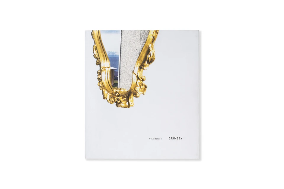 An ornate gold mirror is pictured on the cover of a book. Inside the mirror is a landscape showing the sky, a mountain and building.