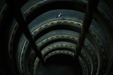 High-angle shot of a runner on a curved multi-level concrete parking ramp structure by Cole Barash