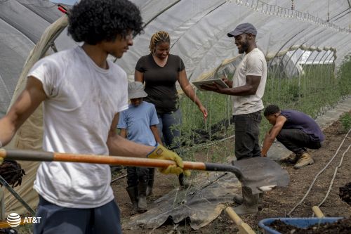 Four people work inside a greenhouse, using a shovel, inspecting plants, and tending the soil, with translucent plastic walls and daylight.