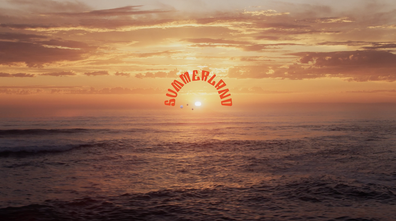 Sunset over the ocean with orange sky, clouds, and water. The word Summerland is superimposed in orange, following the horizon.