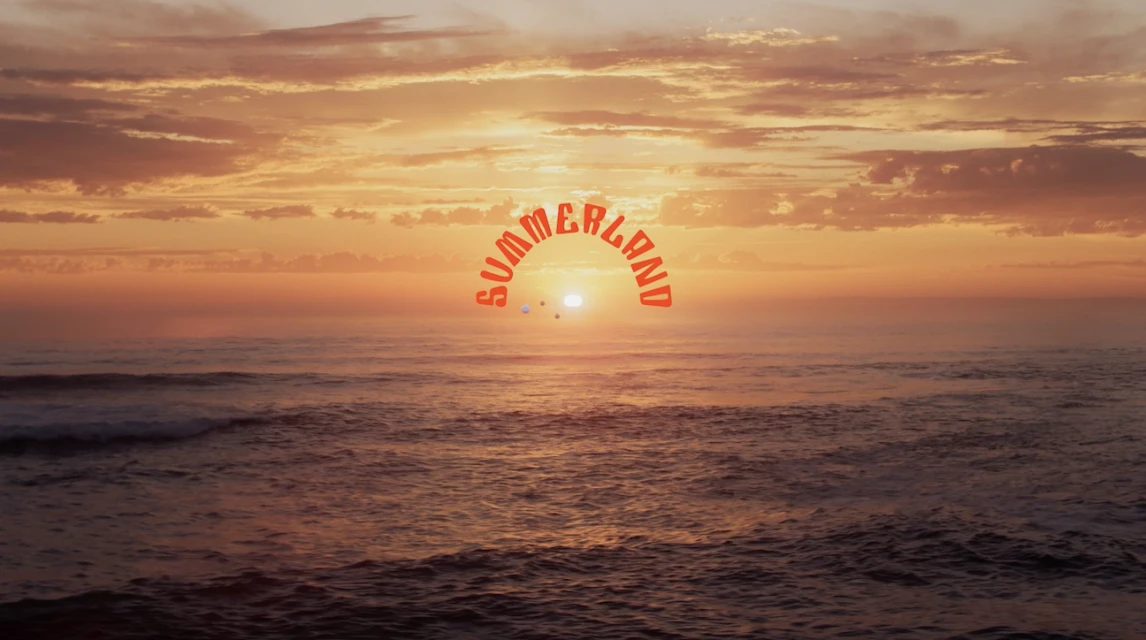 Sunset over the ocean with orange sky, clouds, and water. The word Summerland is superimposed in orange, following the horizon.
