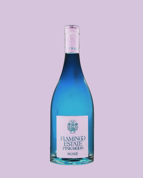 Studio shot of a cyan-colored wine bottle with a white label that reads, 'Flamingo Estate Pink Moon Rosé,' set against a lilac backdrop.