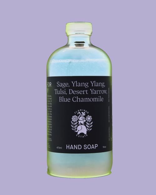 Close-up studio shot of a clear bottle of Flamingo Estate hand soap against a light purple background with the brand name on the label.