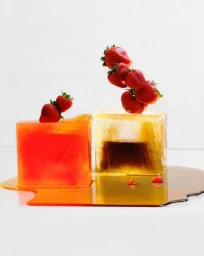 Two translucent gelatinous blocks topped with fresh strawberries sitting in spilled amber liquid on a white surface.