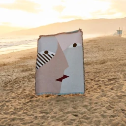 Abstract patterned blanket featuring a stylized face held upright on a sandy beach at sunset.