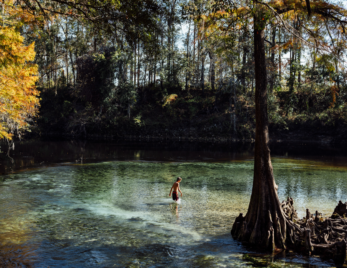 A child stands in crystal-clear shallow water in a Florida spring, surrounded by trees, on a sunny day. Serene nature scene.