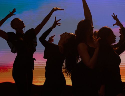 Silhouetted figures of several women in expressive poses against a colorful background, artistic lighting, dance, performance, and silhouette art.