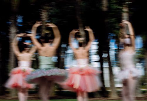 Blurred motion photography of four ballerinas in tutus with arms raised, performing outdoors with dark green forest background.