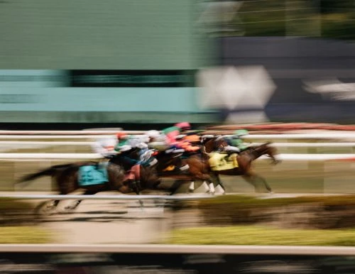 Horses race at high speed on a track. Motion blur and panning emphasize the speed and excitement of the equestrian competition.