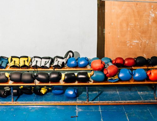 Rows of boxing gloves in varying colors and sizes are neatly arranged on a wooden rack against a white and wood-paneled wall in a gym setting.