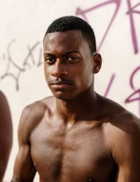 Portrait of a shirtless young Black man with short dark hair standing against a weathered wall with graffiti