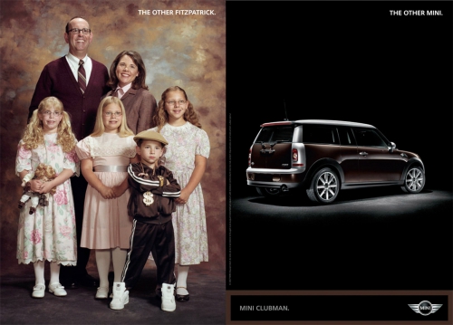A vintage-style advertisement featuring a formally dressed family next to a modern Mini Cooper Clubman against contrasting backdrops.