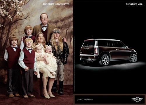 An advertisement shows a family photograph beside a car, playing on the contrast of tradition and modernity with a luxury vehicle.