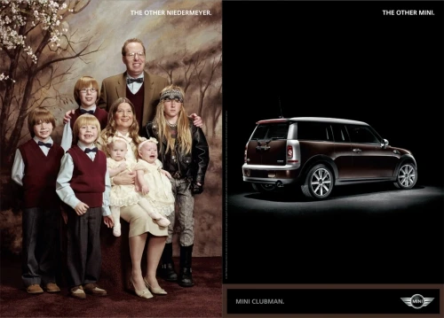 An advertisement shows a family photograph beside a car, playing on the contrast of tradition and modernity with a luxury vehicle.