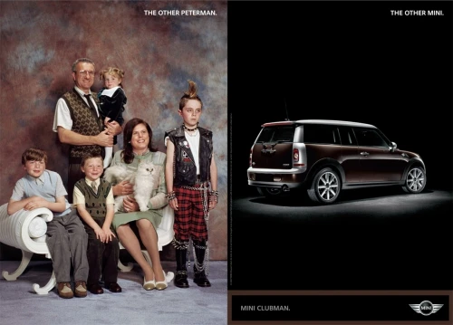 Print advertisement featuring a family portrait with two adults, three children, a cat, and a car, next to the text 'The Other Mini'.