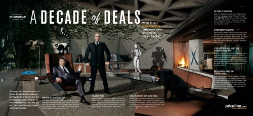 Magazine advertisement showcasing two men in suits, one seated in a chair, the other standing, in a room with a retro modern design.