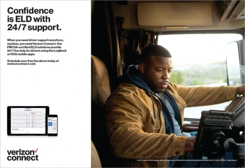 An African-American man in a truck cab interacts with a tablet device while a tablet and mobile phone sit to the side, promoting Verizon Connect.