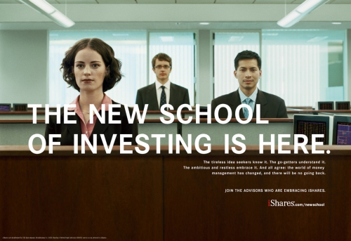 Professional business advertisement features three people in business suits in a corporate office setting with copy about new school of investing.