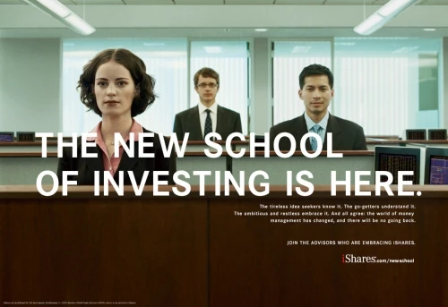 Professional business advertisement features three people in business suits in a corporate office setting with copy about new school of investing.