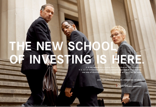 Three business people stand on steps with briefcases, an advertisement for a financial company, building with pillars in background.