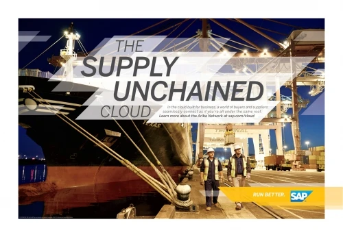 Cargo ship at dock with workers in foreground, cranes in background, and company advertising including logos and promotional text.