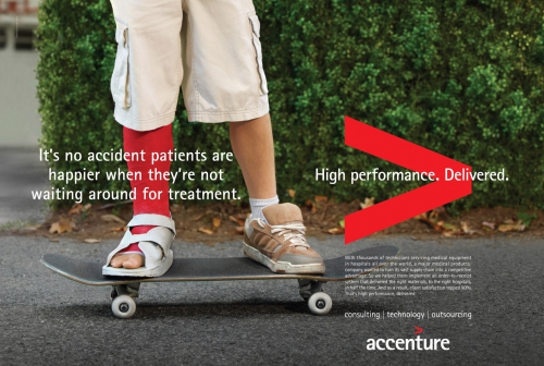 A child with a lower-leg cast rides a skateboard on asphalt with shrubbery in the background, advertising Accenture's healthcare solutions.