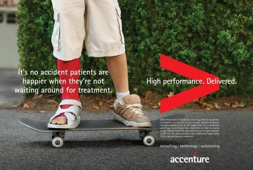 A child with a lower-leg cast rides a skateboard on asphalt with shrubbery in the background, advertising Accenture's healthcare solutions.