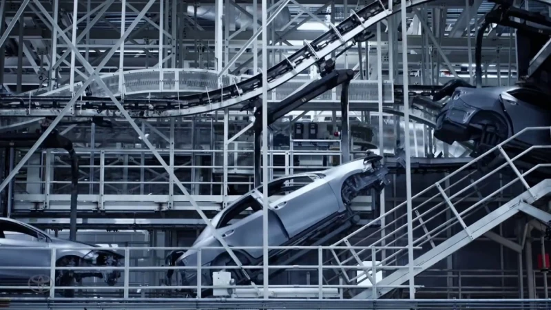 Automotive assembly line featuring car chassis in a factory setting, highlighting manufacturing and industrial processes in gray tones.