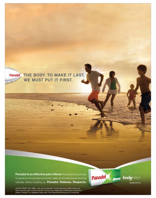 A family runs along a sandy beach at sunset in an advertisement for Panadol, emphasizing body care, pain relief, and family health.