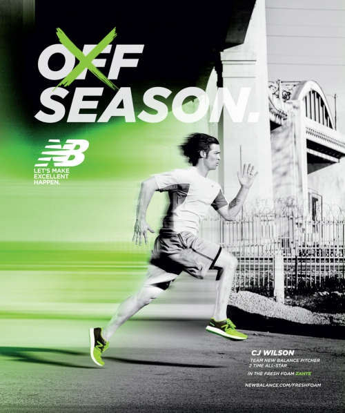 New Balance advertisement featuring a male runner in motion with green accents, set against an urban backdrop and blurred speed lines.