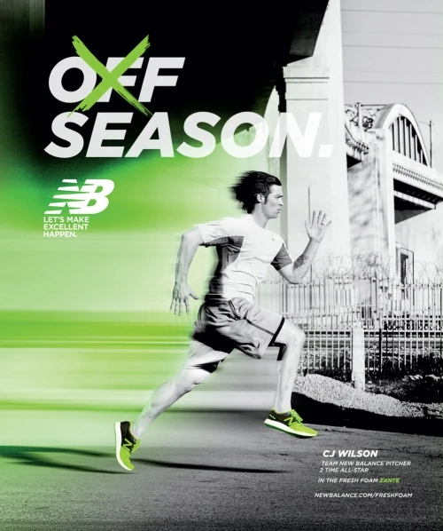 New Balance advertisement featuring a male runner in motion with green accents, set against an urban backdrop and blurred speed lines.