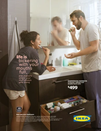IKEA advertisement shows a couple brushing their teeth in a bathroom with an open vanity drawer, offering a view of assorted toiletries.