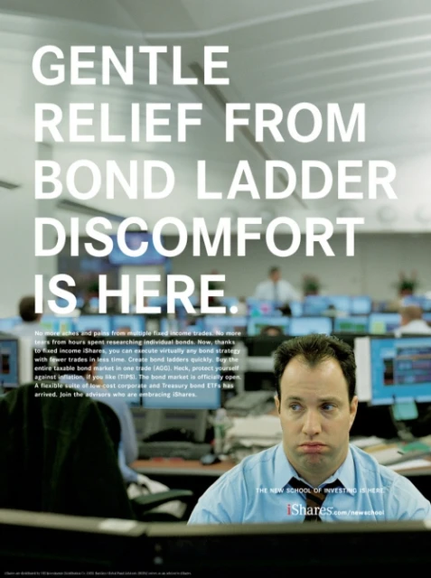 Man sitting at desk with computers in office, looking sad. Financial advertisement for fixed income iShares bond ladder ETFs.