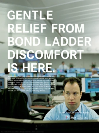 Man sitting at desk with computers in office, looking sad. Financial advertisement for fixed income iShares bond ladder ETFs.