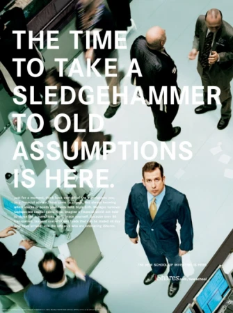 Advertisement depicting a man in a suit standing in an office setting, with other people and computer screens visible. The ad promotes investment.
