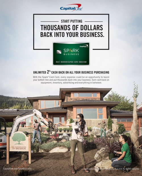 Outdoor marketing image promoting the Capital One Spark business card featuring landscapers working on a home's front yard.