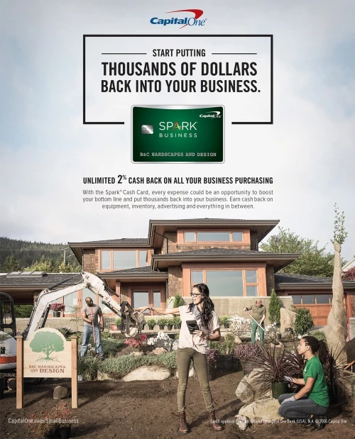 Outdoor marketing image promoting the Capital One Spark business card featuring landscapers working on a home's front yard.